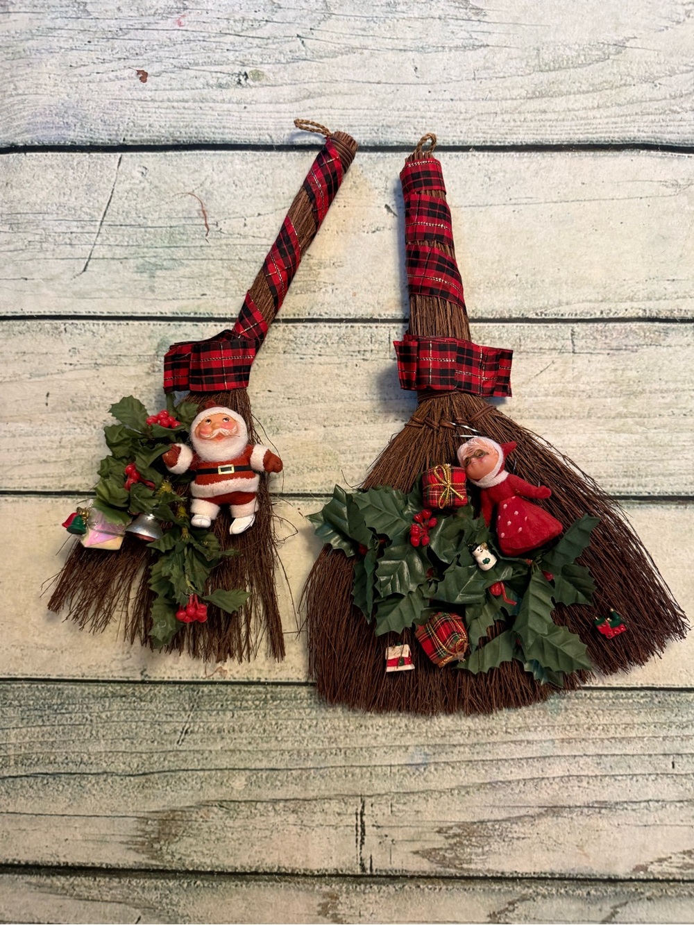Vintage Santa and Mrs Clause broom set wall home decor. Christmas